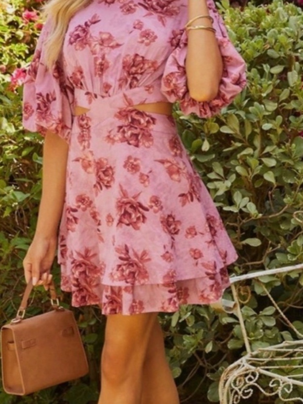 VICI Pink Floral Cutout Puff Sleeve Tiered Mini Dress